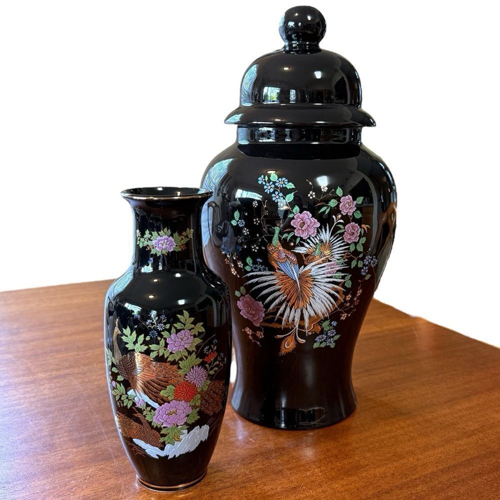 Vintage Ceramic Peacock Imperial Kutani 8” Japanese Vase and 15” Ceramic Pottery